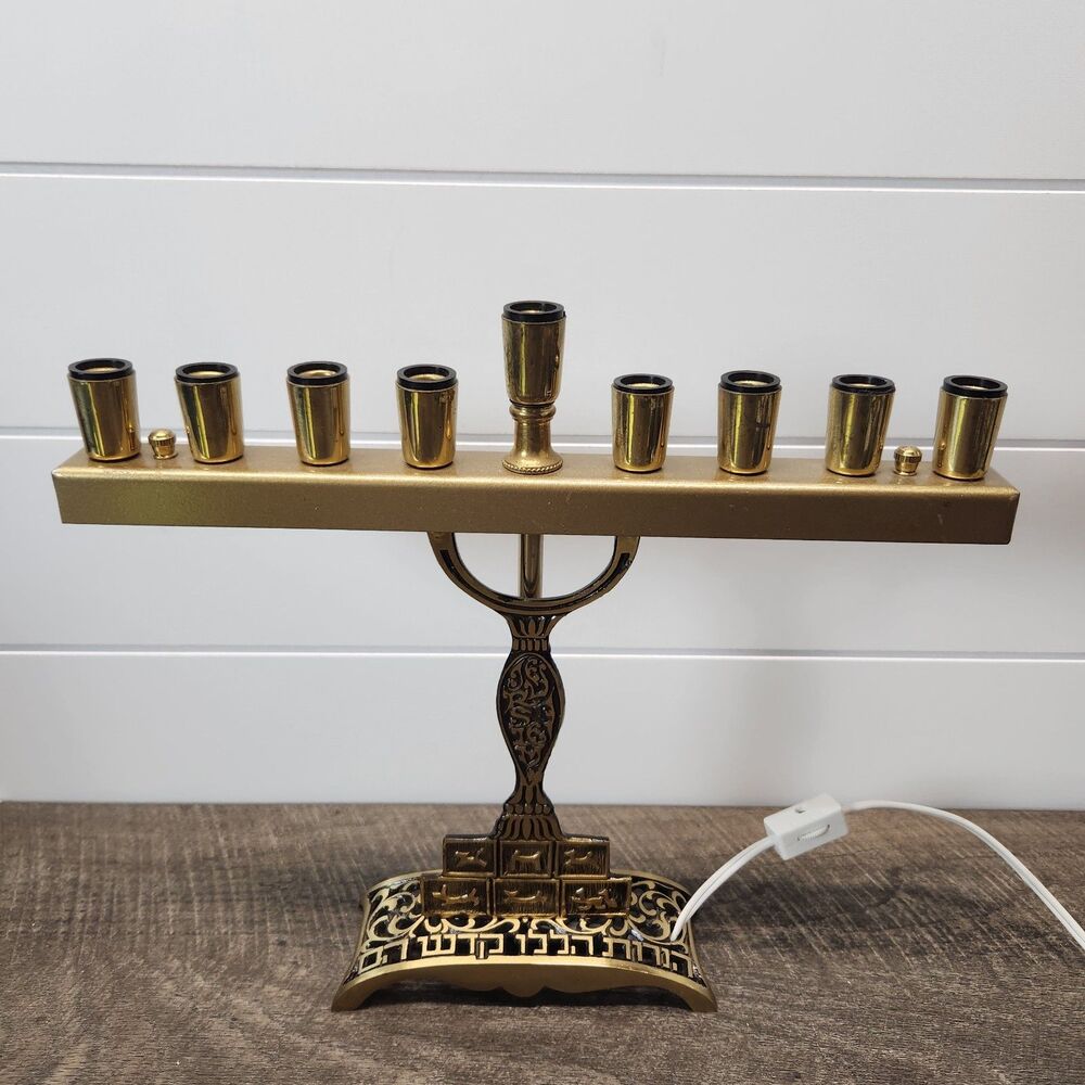 Electric Brass Hanukkah Menorah Twelve Tribes of Israel No Bulbs Works - Picture 2 of 6